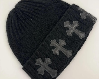 Luxury Chrome Hearts Style Beanie | Black Knit Skull Cap with Cross Patch | Unisex streetwear hat