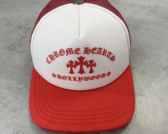 Chrome Hearts Hollywood Trucker Hat Red White Snapback Gothic Cross Logo Cap