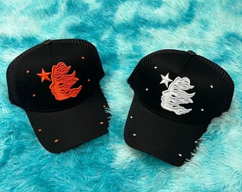 Black Flame Embroidery Hat | Gothic Trucker Cap | Chrome Inspired Snapback | Trendy street fashion