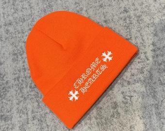 Chrome Hearts Orange Beanie Hat Gothic Logo Embroidered Knit Cap Streetwear Winter Unisex Skull Style