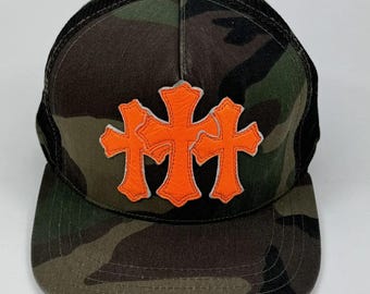 Camouflage Snapback Hat | Orange Cross Logo Trucker Cap | Urban Streetwear Style | Trendy Unisex Cap