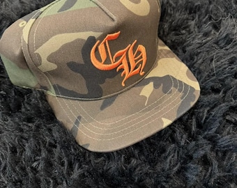 Camo Chrome Hearts Style Hat – Orange Gothic Letter Embroidery Snapback Trucker Cap