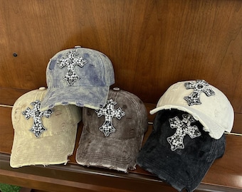 Gothic Cross Rhinestone Hat | Distressed Denim Style Cap | Luxury Streetwear Baseball Cap | Unisex