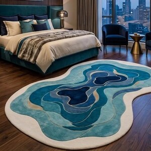 Hand-Tufted Abstract Art Rug - Irregular Shape Blue & Teal Concentric Waves Topographic Design - Modern Handmade Area Rug for Living Room
