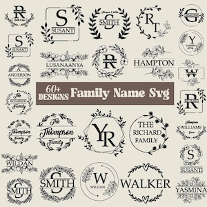 60 Family Name Svg I Cutting Board Svg I Monogram Alphabet I Wedding Bundle SVG I Kitchen Towel Svg I Floral Frame Svg I Last Name Svg