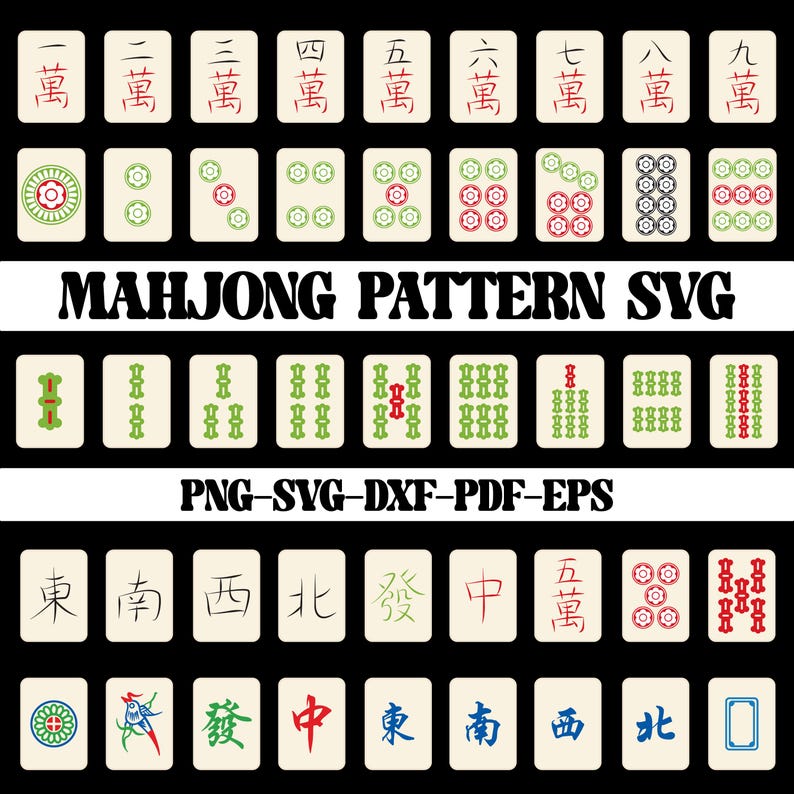 Op de afbeelding: Een verzameling Mahjong-tegels met verschillende symbolen en karakters, waaronder cijfers, cirkels en Chinese karakters. De afbeelding bevat ook de tekst "MAHJONG PATTERN SVG" en "PNG-SVG-DXF-PDF-EPS".