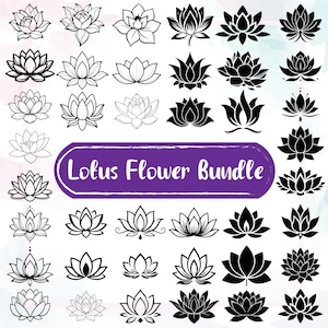 May include: A collection of black and white lotus flower illustrations arranged in a grid. The center features a purple horizontal banner with the white text Lotus Flower Bundle. The designs include various line art and solid black silhouettes.