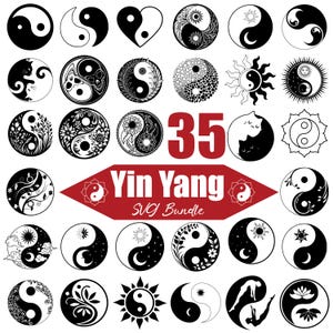 May include: A collection of 35 black and white Yin Yang graphic designs arranged in a grid. The central red banner features the text 35 Yin Yang SVG Bundle. The icons include various circular motifs featuring cats, skulls, flowers, suns, and moons.