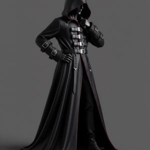 May include: A black hooded coat with red trim and silver buckles. The long coat features a flowing design, a belt, and multiple buckles on the front. The model is wearing black boots and gloves. The coat has a dramatic, gothic aesthetic.