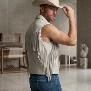 Men's White Fringe Leather Vest - Western Cowboy Style Sleeveless Biker Jacket