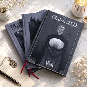 以下が含まれることがあります： SenLinYu著「Manacled」と題された3冊のハードカバー本。ダークグレーの表紙には、暗いマントをまとった人物、城、折り紙の鳥のモノクロイラストが描かれています。各本には赤いリボンのしおりが付いており、白い文字でタイトルが記されています。