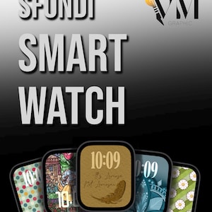 May include: A graphic design promoting smart watch faces. The image features the words "SFONDI SMART WATCH" in large white letters. Below are five smart watch faces with different designs, including floral and stained glass patterns.
