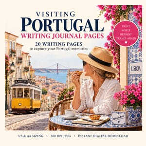 Puede incluir: Un listado de producto digital para Visiting Portugal Writing Journal Pages con 20 páginas de escritura. La imagen muestra a una persona con sombrero de paja comiendo un pastel en una mesa con una taza de café, un cuaderno y una caja de Pastéis de Belém.