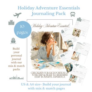 May include: A 10-page Holiday Adventure Essentials journaling pack featuring travel-themed checklists and pages. The design includes a watercolor illustration of a person at a table, icons of a plane, bus, hotel, and ship, and text in US and A4 size.