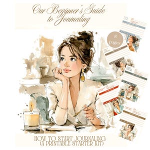 Puede incluir: Ilustración en acuarela de una mujer escribiendo en un diario. La imagen incluye una vela, páginas de diario y el texto: "Our Beginner's Guide to Journaling" y "How to Start Journaling (A Printable Starter Kit)." El kit incluye 8 páginas.