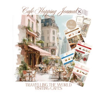 Può includere: Un diario di viaggio "Cafe Hopping" in stile acquerello, con una scena di strada parigina sulla copertina. Il diario include 12 pagine e il testo "Travelling the World Visiting Cafes". Pagine aggiuntive con tracker a tema caffè.