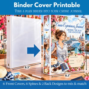 May include: A white three-ring binder measuring 11 inches by 8.5 inches, featuring a printed cover design with a cruise ship, a person, and the text Cruise Experiences Journal Cruising the Seas for Adventure, Venice, and This Journal Belongs To.