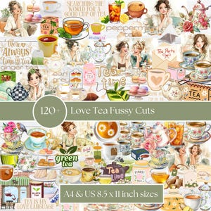Puede incluir: Un collage de imágenes con temática de té, que incluye tazas, teteras e ilustraciones de mujeres. El texto incluye "Tea Time", "Love Tea Fussy Cuts" y "A4 & US 8.5 x 11 inch sizes". La paleta de colores es suave y acogedora.