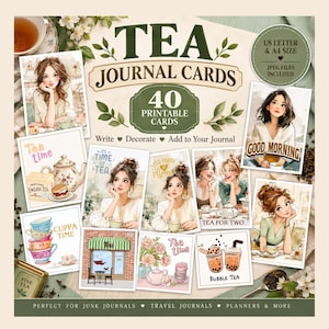 Peut inclure: Une collection numérique de 40 cartes de journal imprimables sur le thème du thé, illustrant des personnages, des théières, des tasses et du thé aux perles. Les cartes incluent des textes comme TEA JOURNAL CARDS, GOOD MORNING, TEA FOR TWO et BUBBLE TEA.