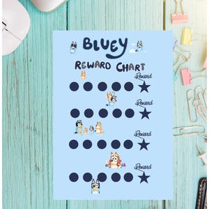 May include: A light blue Bluey reward chart with the word "Bluey" in large, playful lettering. The chart features illustrations of Bluey characters and spaces for tracking rewards, with the word "Reward" and star icons.