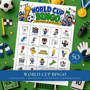 以下が含まれることがあります： ワールドカップビンゴのゲームシート。サッカーをテーマにしたイラストとテキストラベルのグリッドが特徴です。ヘッダーには「World Cup Bingo」および「Watch the Game & See What You Can Spot!」と記載されています。グリッドにはペナルティやチームセルフィーなどのアイコンが含まれています。