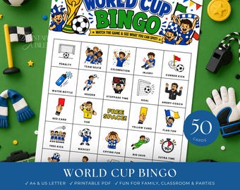 Bingo imprimible del Mundial / Juego para ver partidos de fútbol en grupo / 25 tarjetas únicas / Descarga instantánea