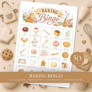May include: A printable Baking Bingo game card featuring a grid of twenty-five squares with illustrations of baking items like a tart, whisk, bread, oven mitt, egg, measuring spoons, pastry bag, donut, apple pie, spatula, macaron, rolling pin, cookie, baking tray, measuring cup, gingerbread, dough, and sifter.