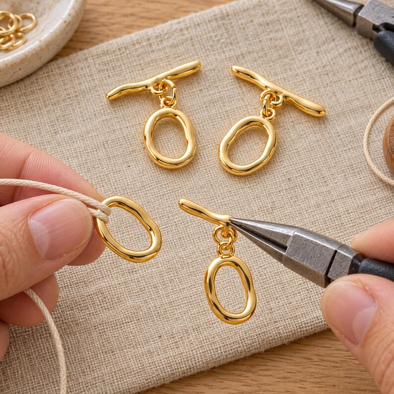 Gold-tone brass oval toggle clasps. Example of handling the component; tools are not included. ring 20 x 12.5mm; T-bar 23.8mm. Buyer pack: 4 complete clasp sets.