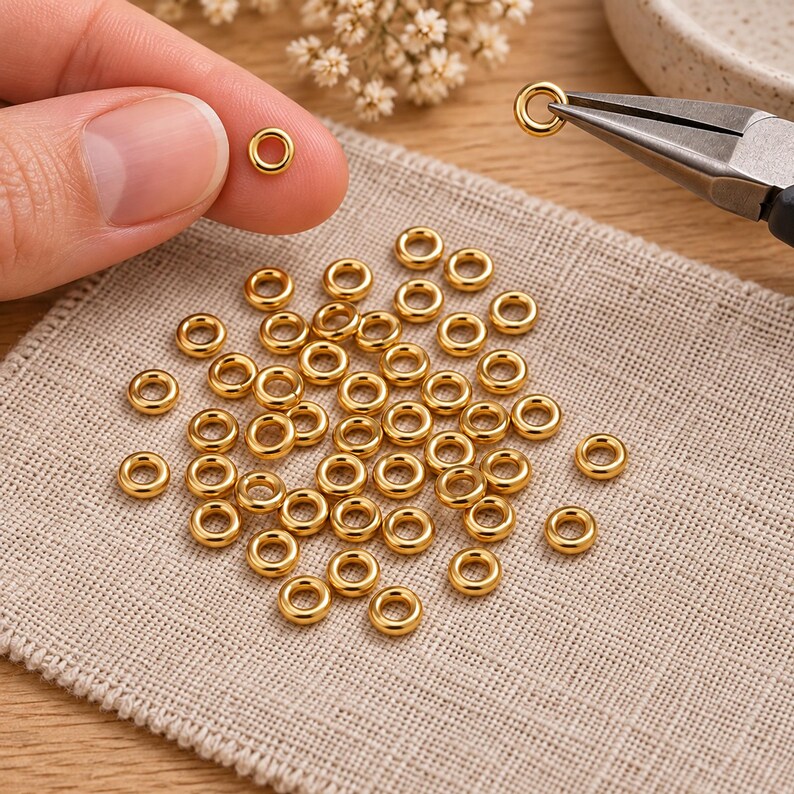 Gold-tone stainless steel closed jump rings. Example of handling the component; tools are not included. 4mm outer diameter; 1.2mm wire. Buyer pack: 50 pieces.