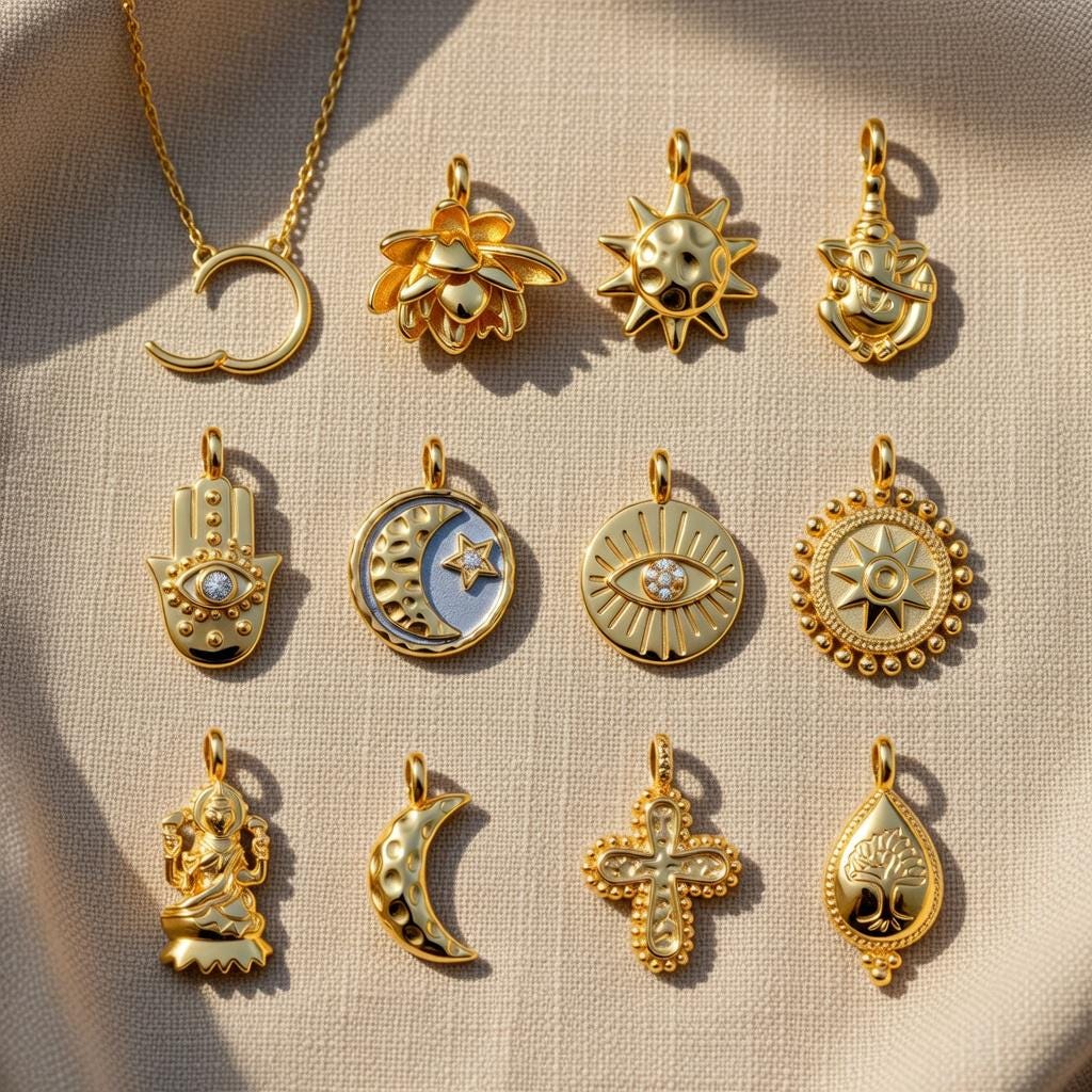 Personalized Gold Charm Necklace, Spiritual Sun Moon Evil Eye Lotus Cross Pendant