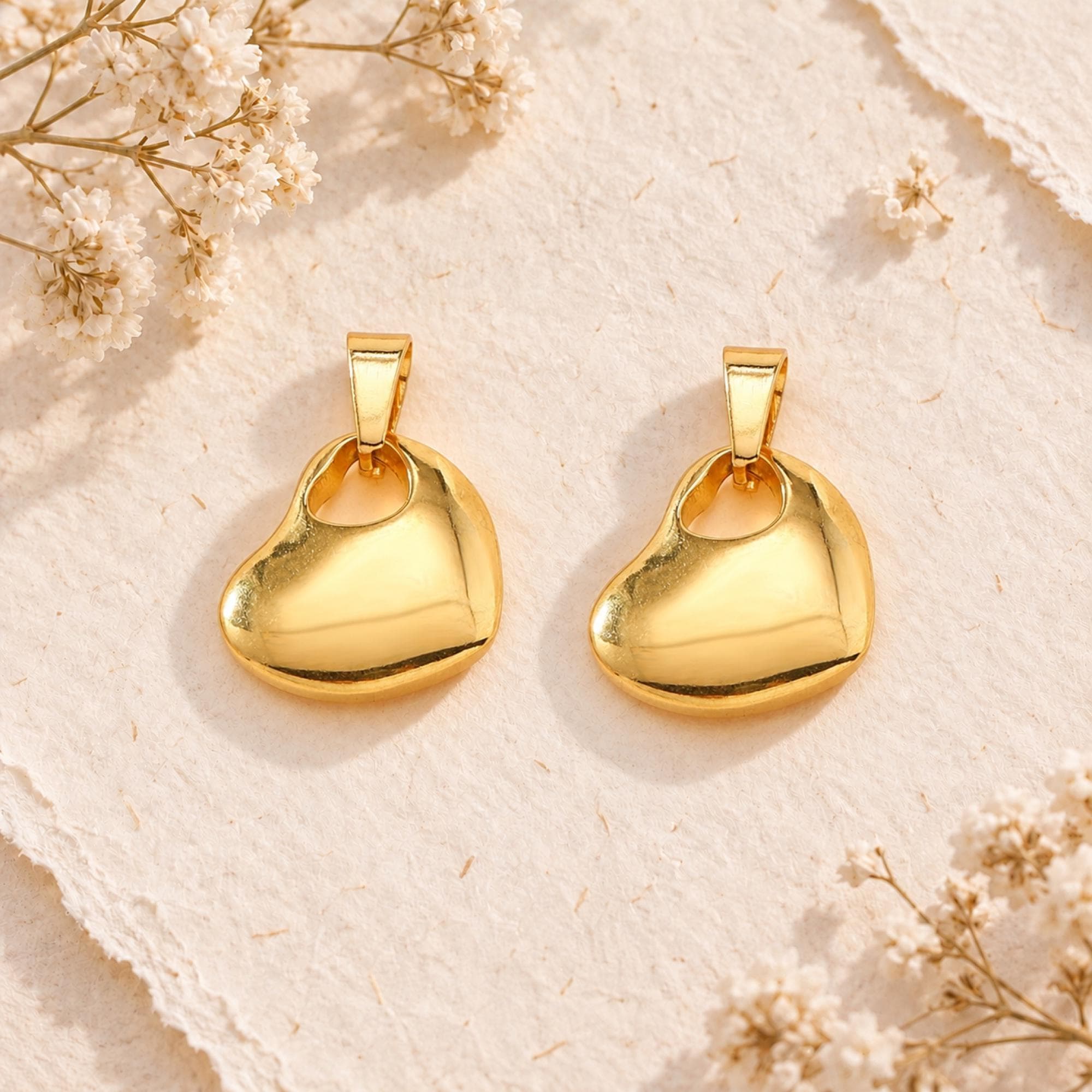 2 Puffed Heart Charms, Polished Gold Tone Pendants for Jewellery Making