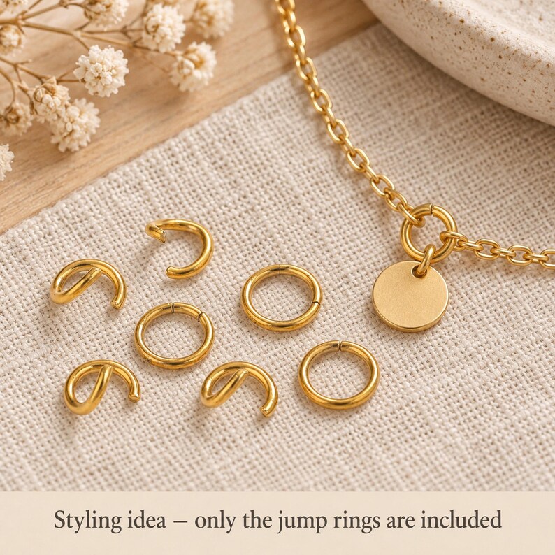 Gold-tone stainless steel open jump rings. Styling idea; finished jewellery is not included. 5mm diameter; 0.8mm wire. Buyer pack: 100 pieces.