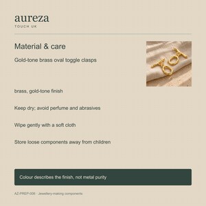 Gold-tone brass oval toggle clasps. AurezaTouchUK material and care information. ring 20 x 12.5mm; T-bar 23.8mm. Buyer pack: 4 complete clasp sets.