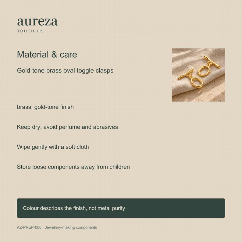 Gold-tone brass oval toggle clasps. AurezaTouchUK material and care information. ring 20 x 12.5mm; T-bar 23.8mm. Buyer pack: 4 complete clasp sets.