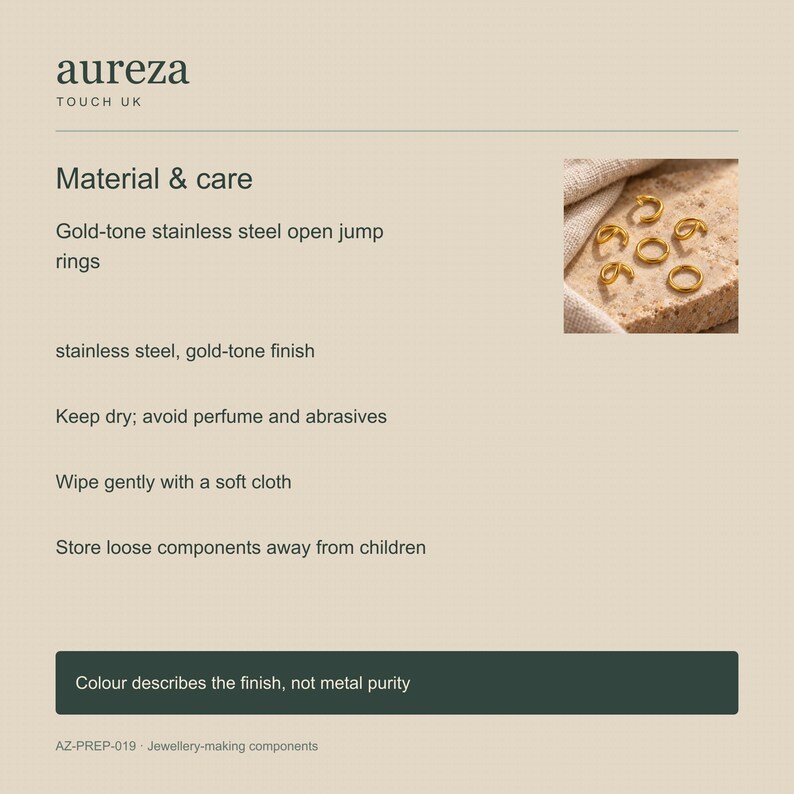 Gold-tone stainless steel open jump rings. AurezaTouchUK material and care information. 5mm diameter; 0.8mm wire. Buyer pack: 100 pieces.