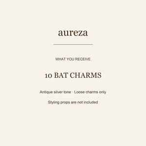May include: A product information card with dark brown text on a light beige background. The text reads: aureza, WHAT YOU RECEIVE, 10 BAT CHARMS, Antique silver tone, Loose charms only, Styling props are not included. The card features a horizontal line.