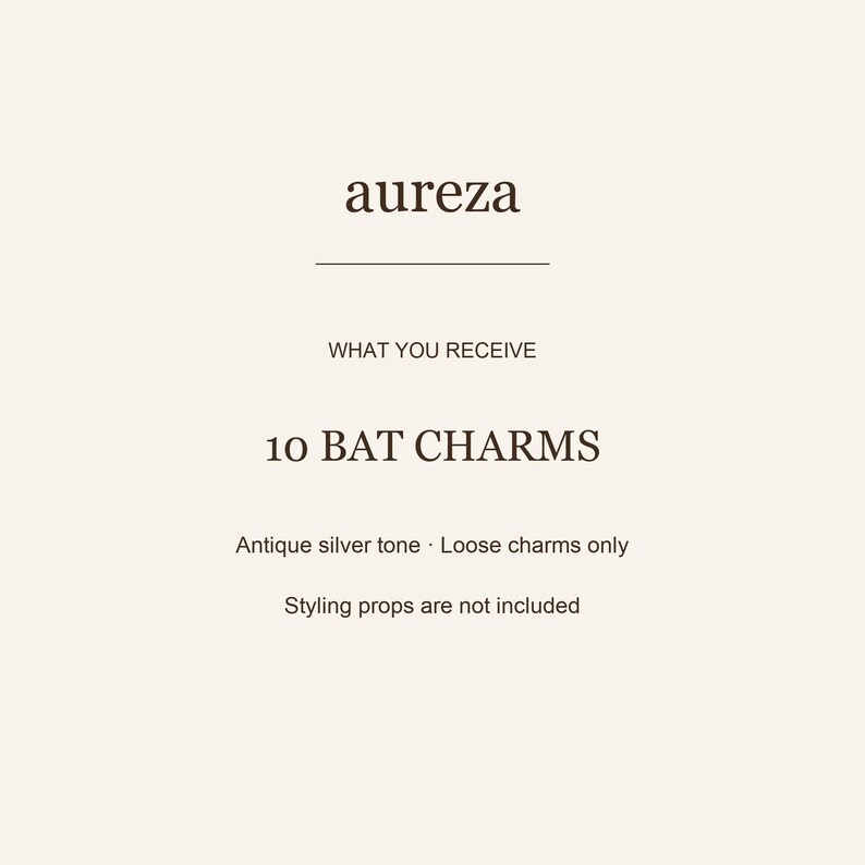 May include: A product information card with dark brown text on a light beige background. The text reads: aureza, WHAT YOU RECEIVE, 10 BAT CHARMS, Antique silver tone, Loose charms only, Styling props are not included. The card features a horizontal line.