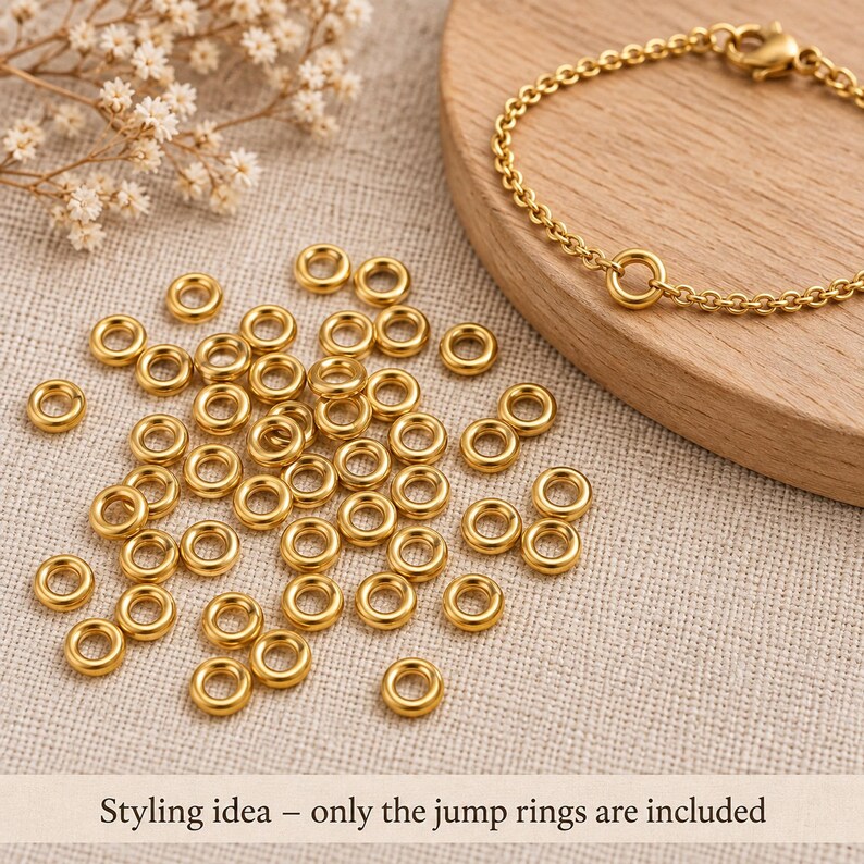 Gold-tone stainless steel closed jump rings. Styling idea; finished jewellery is not included. 4mm outer diameter; 1.2mm wire. Buyer pack: 50 pieces.