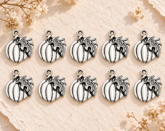 May include: A set of ten silver-toned metal charms, each shaped like a pumpkin with an attached leaf and a small circular loop at the top for hanging. The charms feature a detailed, embossed design with dark oxidized accents in the crevices.