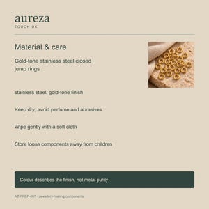Gold-tone stainless steel closed jump rings. AurezaTouchUK material and care information. 4mm outer diameter; 1.2mm wire. Buyer pack: 50 pieces.