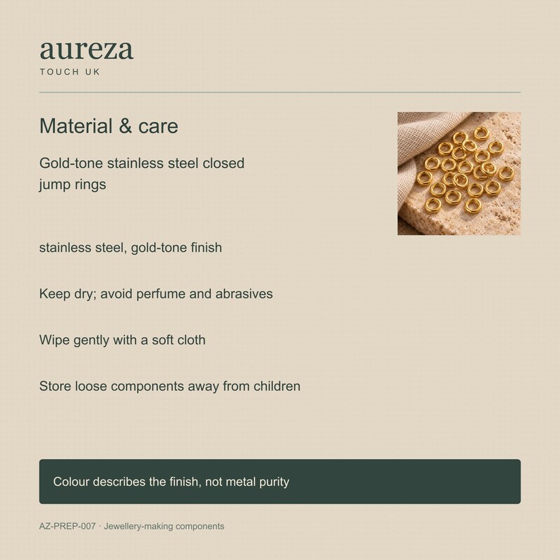 Gold-tone stainless steel closed jump rings. AurezaTouchUK material and care information. 4mm outer diameter; 1.2mm wire. Buyer pack: 50 pieces.