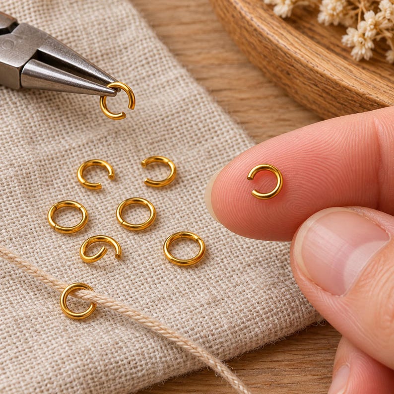 Gold-tone stainless steel open jump rings. Example of handling the component; tools are not included. 5mm diameter; 0.8mm wire. Buyer pack: 100 pieces.