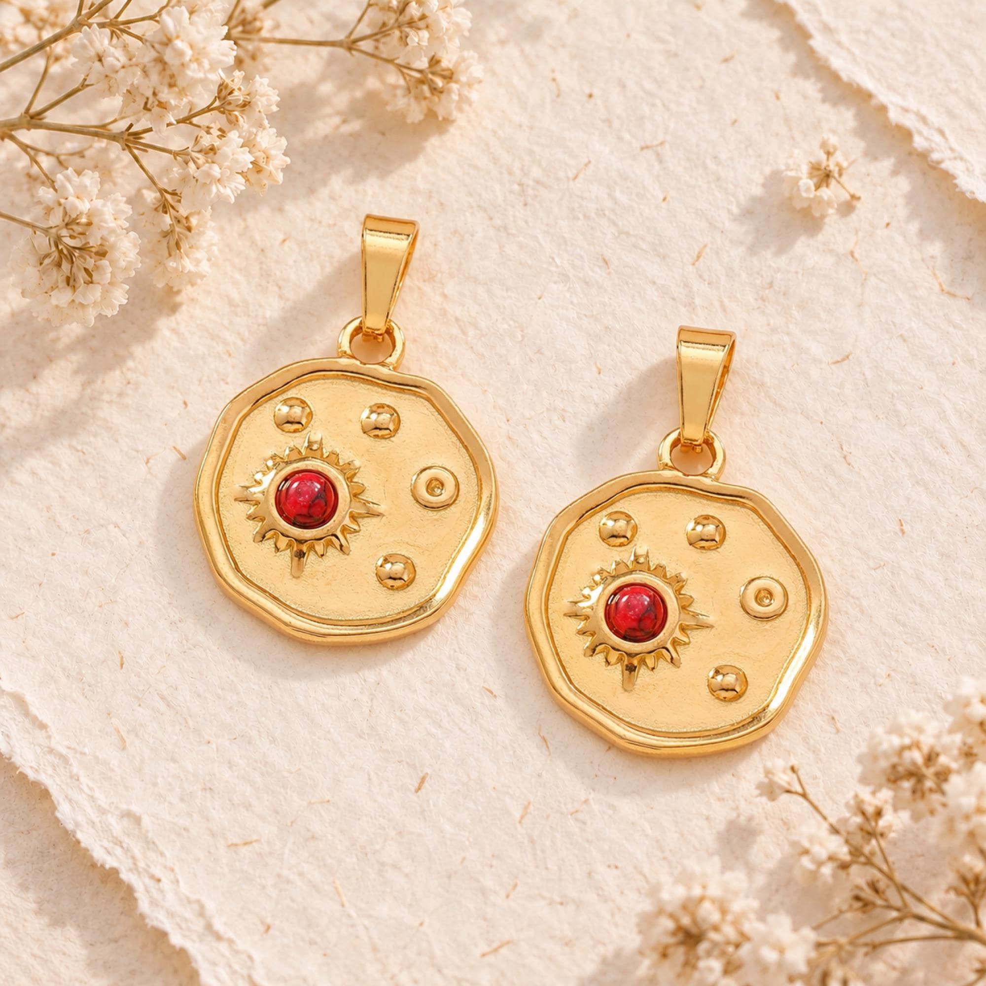 2 Sun Medallion Charms, Gold Tone Pendants with Red Centres