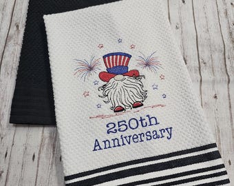 Embroidered 250th Anniversary Gnome Kitchen Towel Set (4th of July)