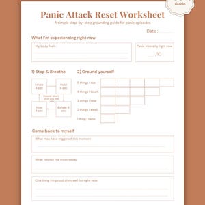 Puede incluir: Una hoja de trabajo imprimible para el restablecimiento de ataques de pánico con una sencilla guía paso a paso para episodios de pánico. La hoja de trabajo incluye secciones para la autoevaluación y ejercicios de conexión a tierra. El texto es negro sobre fondo blanco.