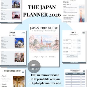 May include: A digital Japan trip planner with a cover featuring a Japanese landscape with a pagoda, mountain, and torii gate. The planner includes daily details, a schedule, accommodation information, and a packing list. The text reads "THE JAPAN PLANNER 2026".