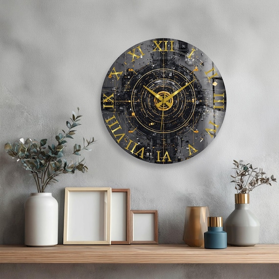 Futuristic Glass Wall Clock, Round Circuit Board Clock, Gray Gold Tech Wall Decor for Office Studio, Glass Wall Decor