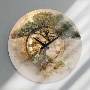 May include: Round wall clock featuring a detailed illustration of a tree superimposed over a clock face. The clock face has Roman numerals and black clock hands. The background has a soft, artistic, and dreamy quality.