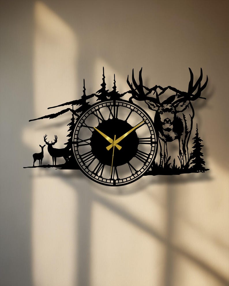Metal Deer Forest Scene Wall Clock – Silent Quartz Movement, Rustic ...