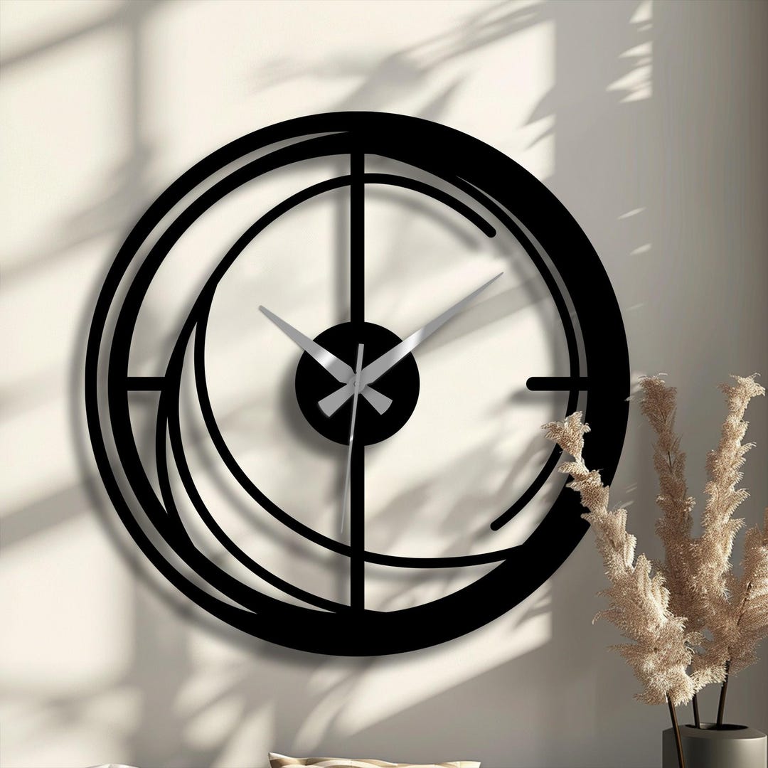 Large Abstract Metal Wall Clock, Minimalist Black Steel, Silent Modern ...